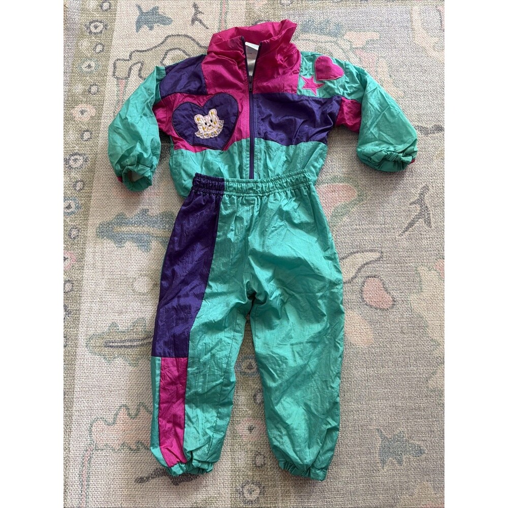 Vintage Little Lana 90s Girls Windbreaker Jumpsuit Teal Purple Jacket Pants 18m
